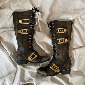 Leather Knee High Brass Buckle/Zip Up Back Boot size 40